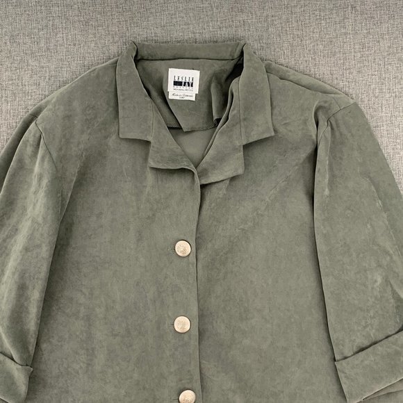 Vintage Leslie Fay Suede Button Down Blouse Green Sz 16WP Collared 3/4th Sleeves - Picture 2 of 13